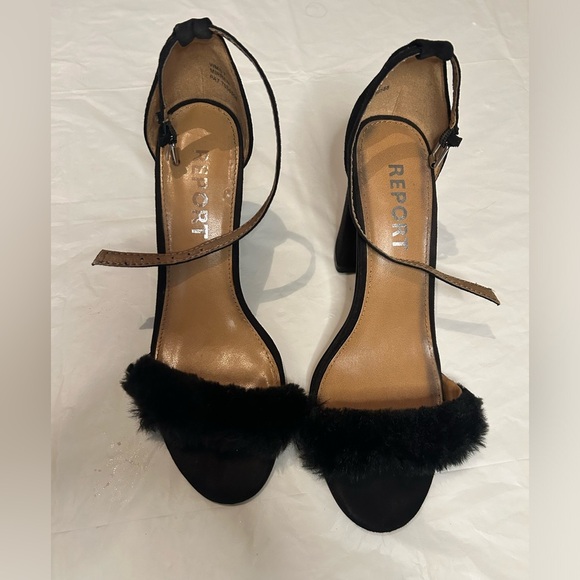 Report classy black wrap‎ sandal with faux fur, ankle strap,  4” chunky heel. - Picture 1 of 14